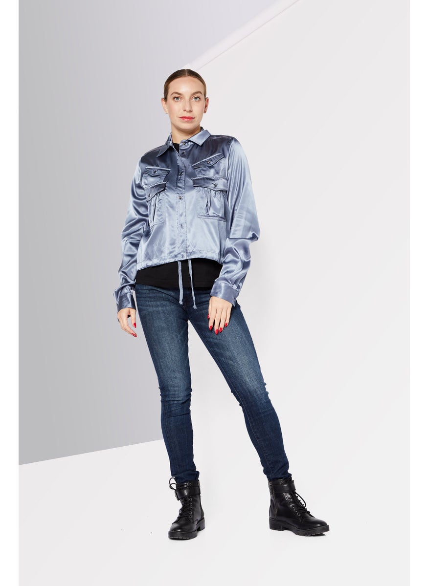 Women Spread Collar Long Sleeve Plain Shirt, Sage Blue