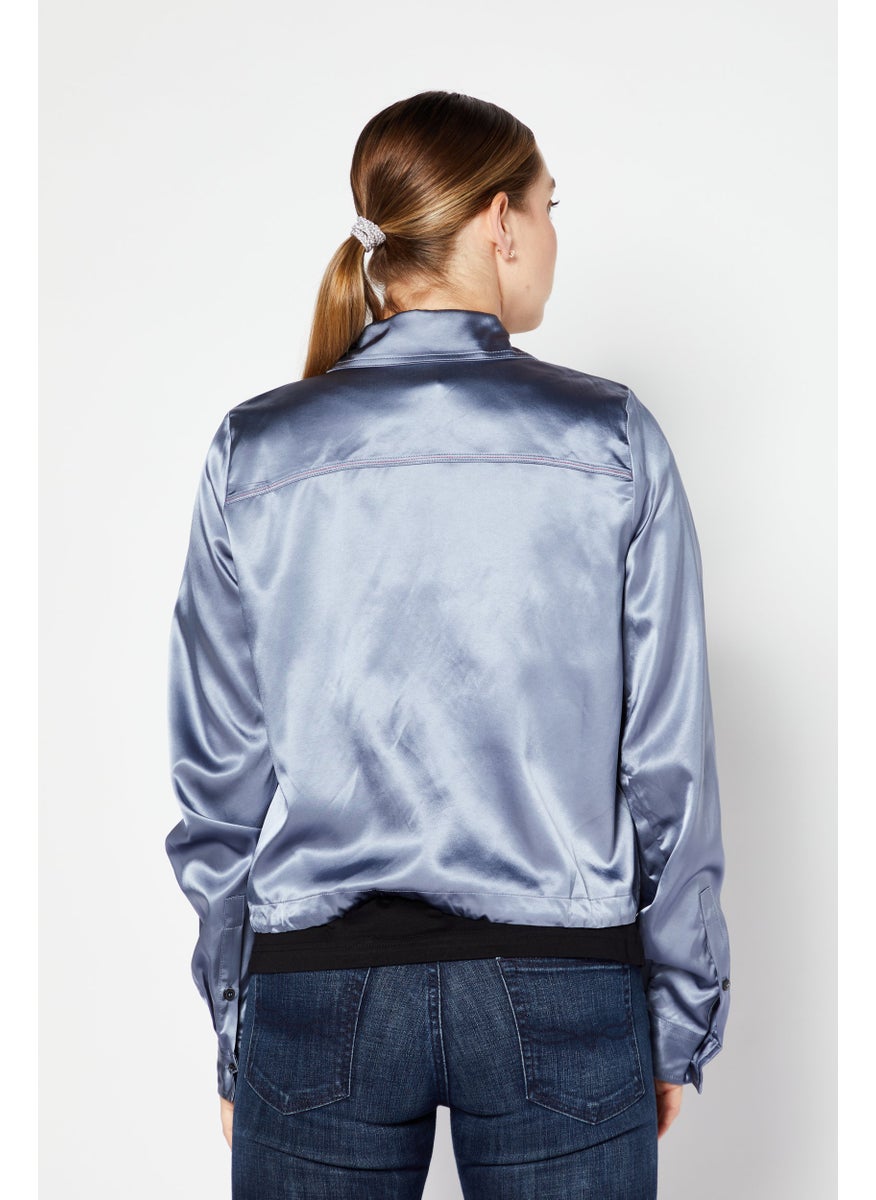 Women Spread Collar Long Sleeve Plain Shirt, Sage Blue