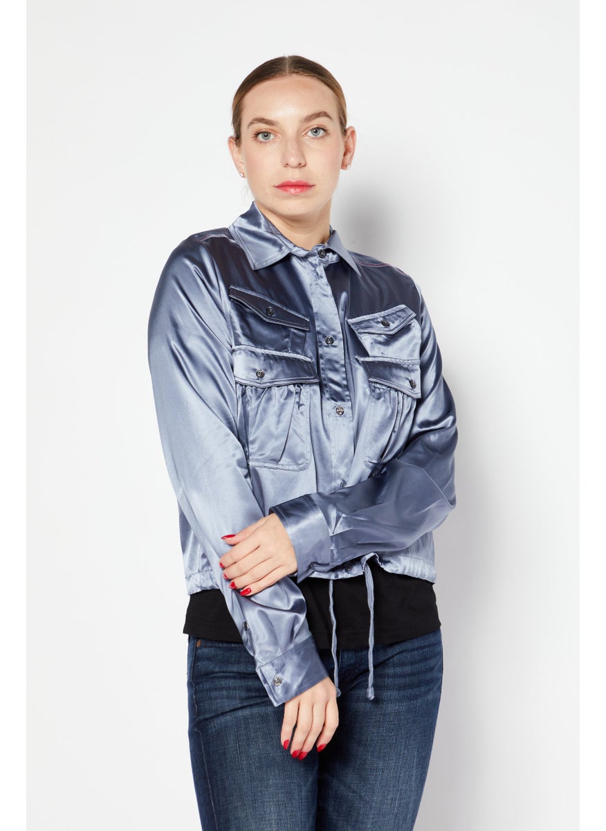 Women Spread Collar Long Sleeve Plain Shirt, Sage Blue