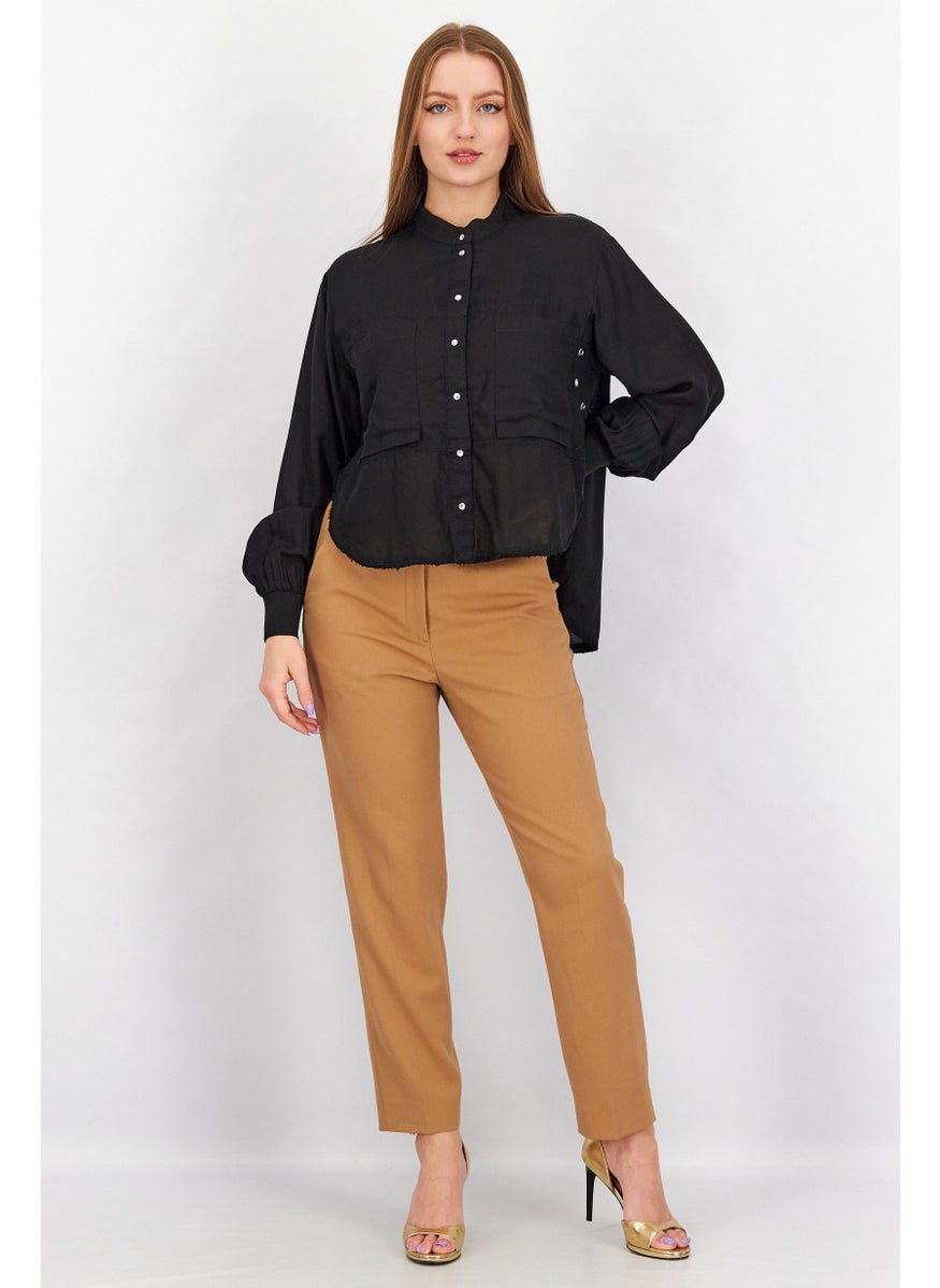 Women Crew Neck Long Sleeve Solid Shirt, Black