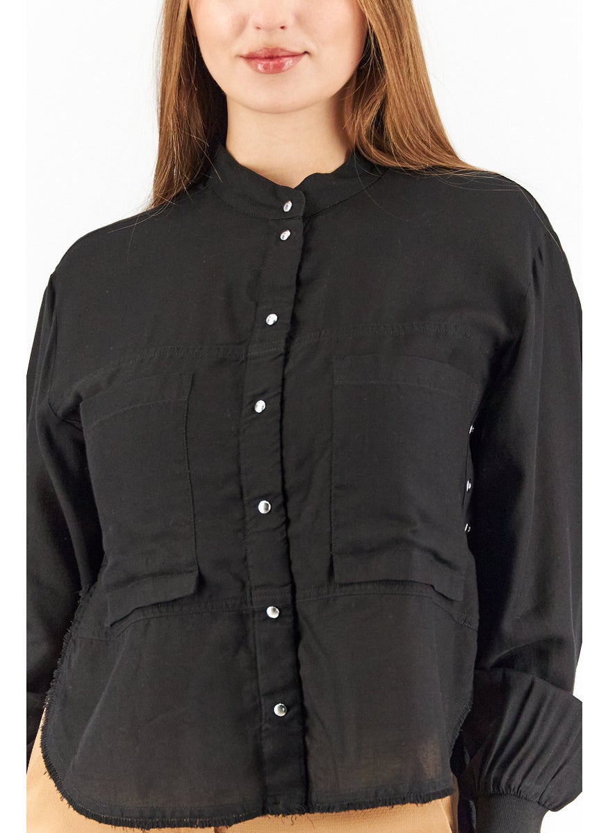 Women Crew Neck Long Sleeve Solid Shirt, Black
