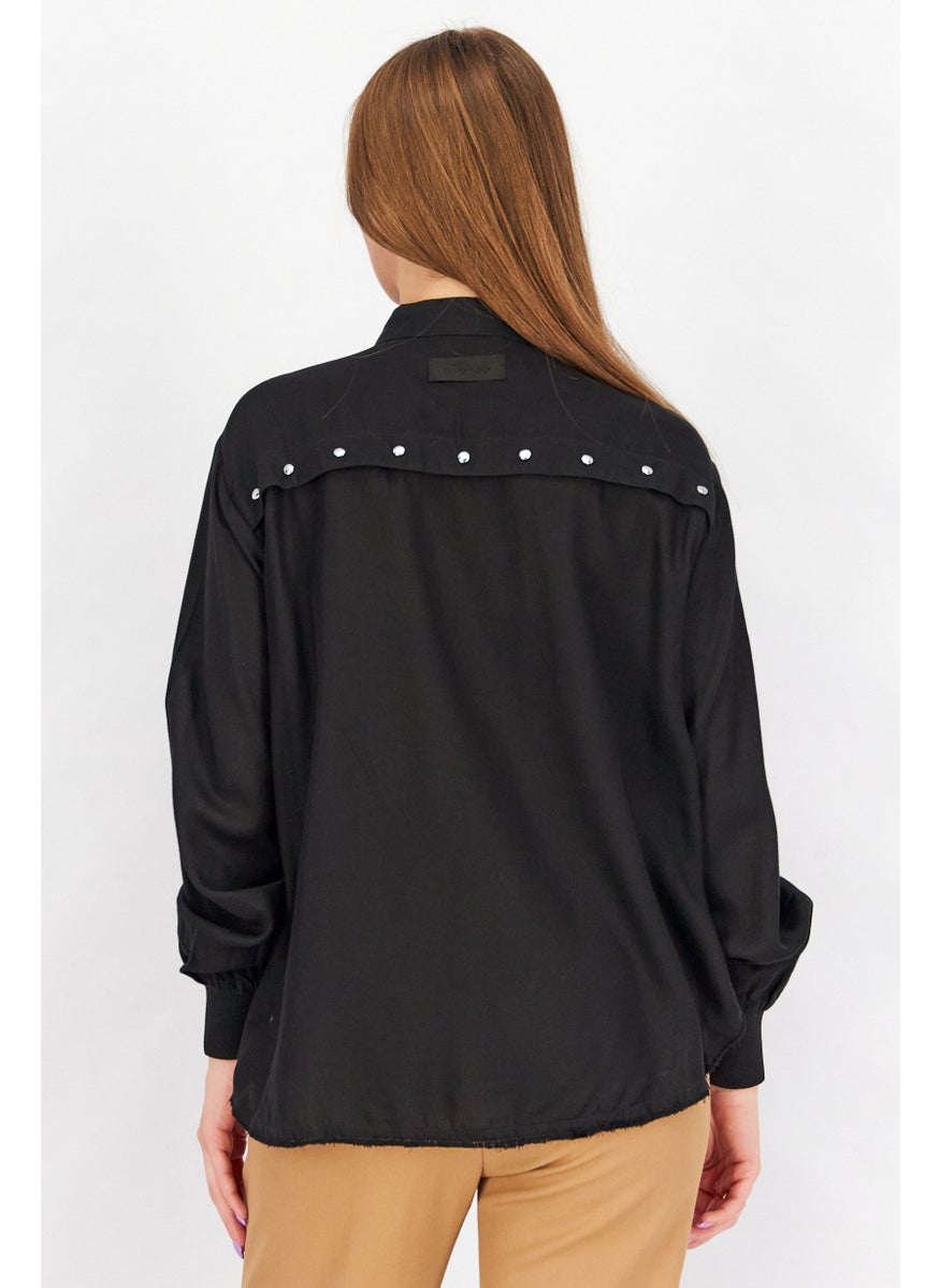 Women Crew Neck Long Sleeve Solid Shirt, Black