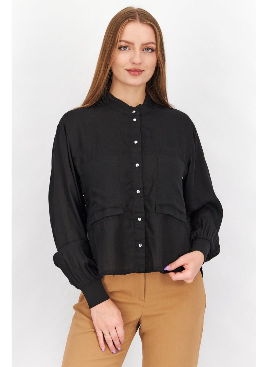 Women Crew Neck Long Sleeve Solid Shirt, Black