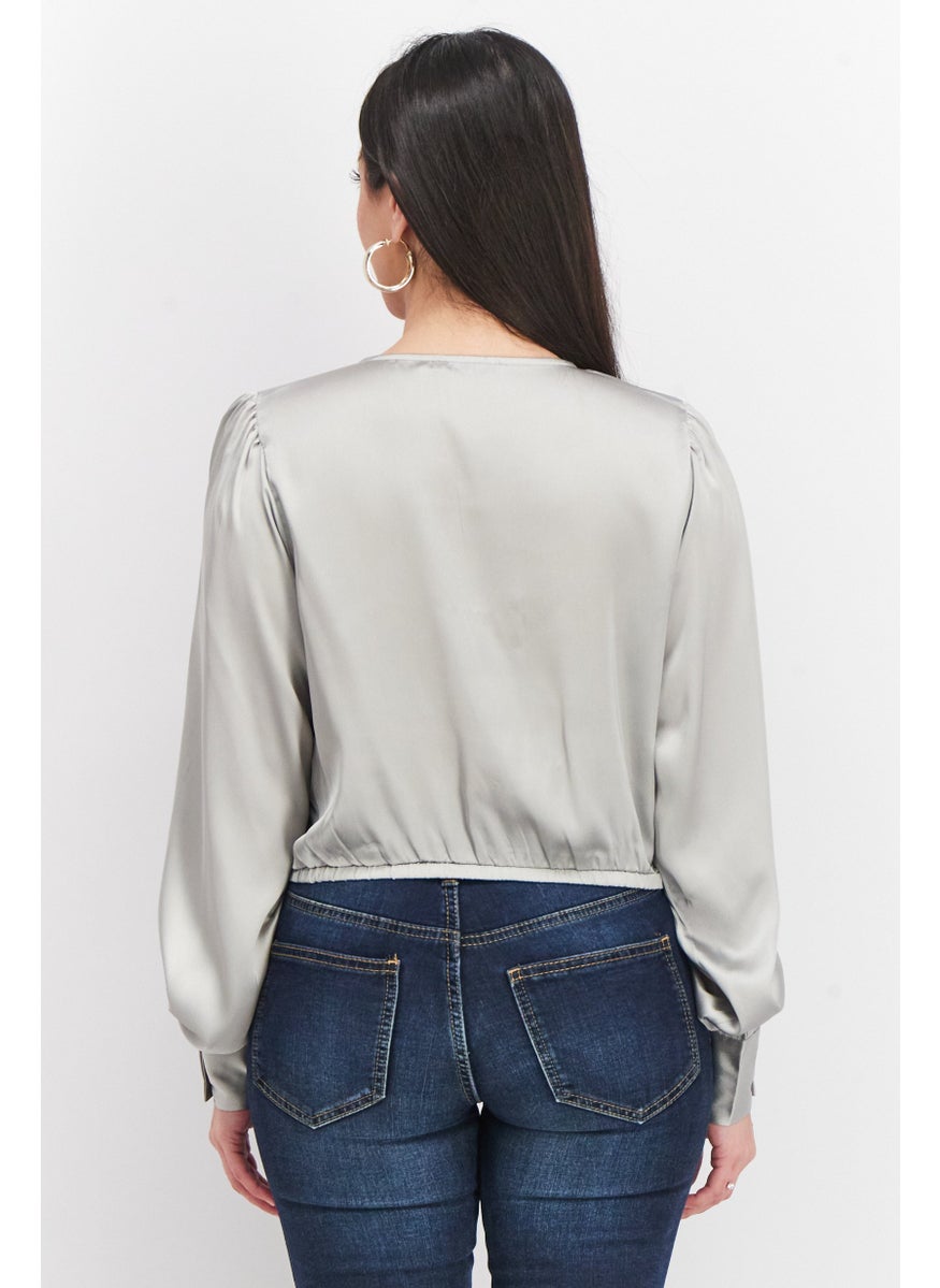 Women Surplice Neck Long Sleeve Plain Blouse, Grey