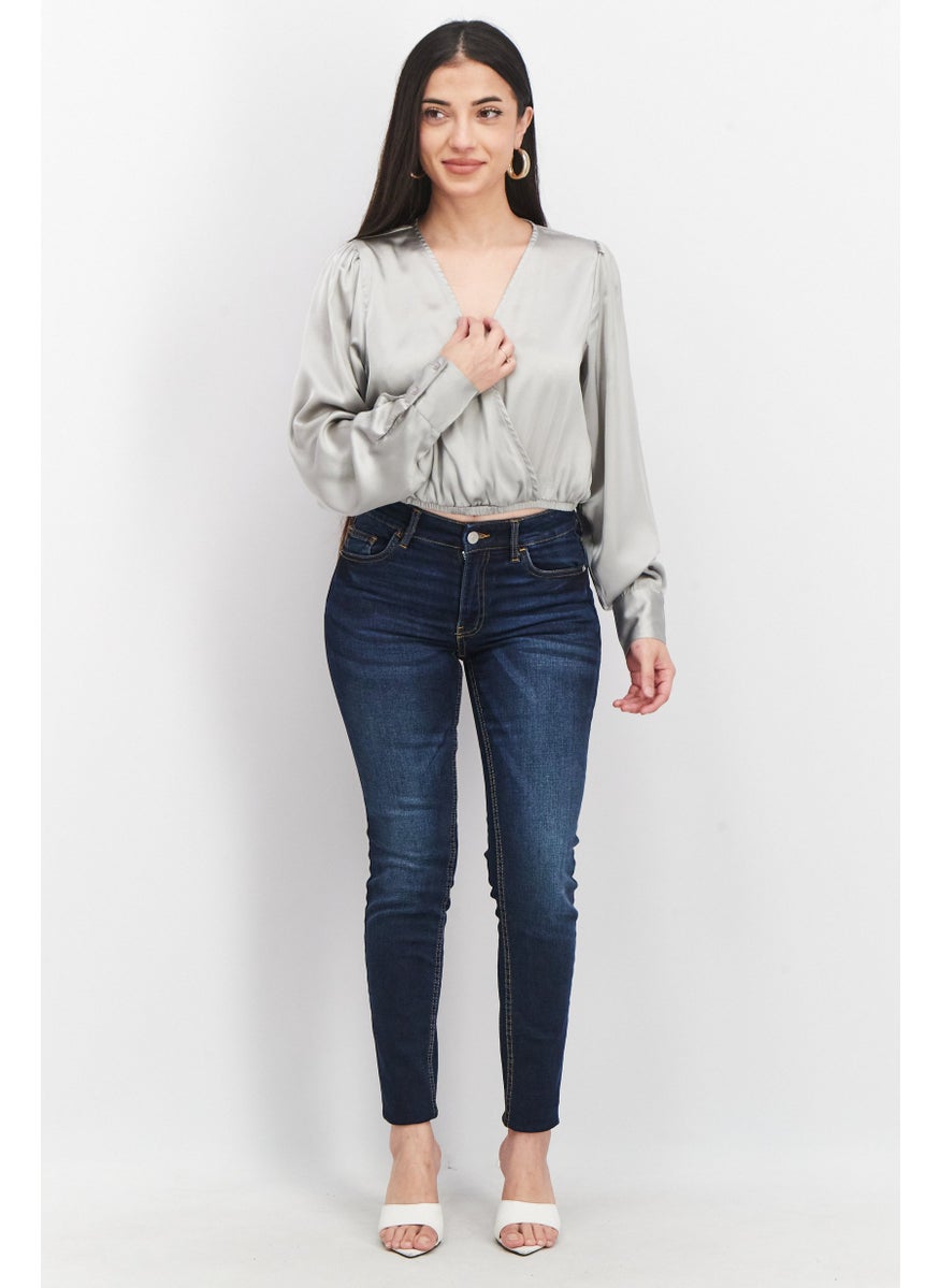 Women Surplice Neck Long Sleeve Plain Blouse, Grey