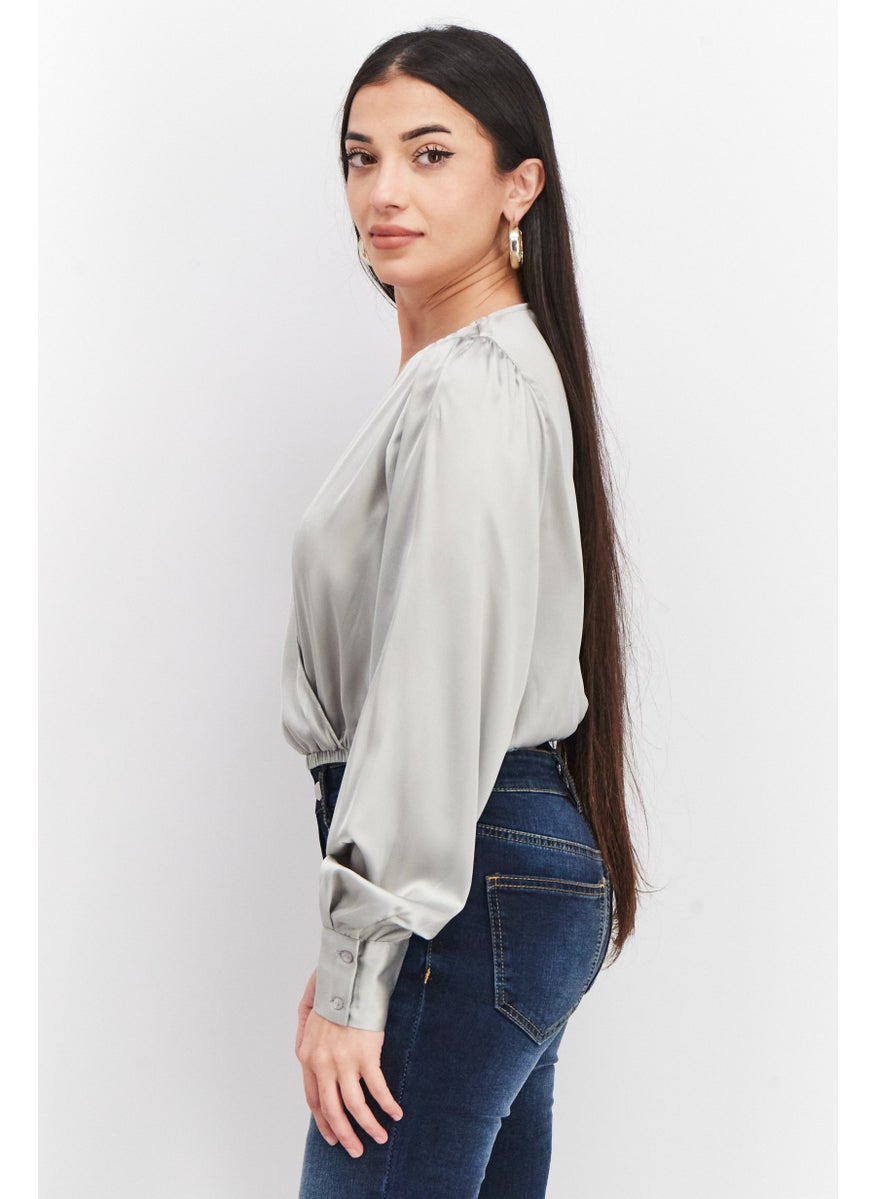 Women Surplice Neck Long Sleeve Plain Blouse, Grey