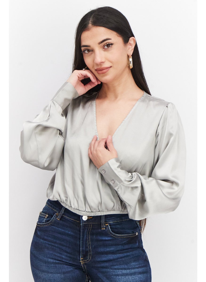Women Surplice Neck Long Sleeve Plain Blouse, Grey