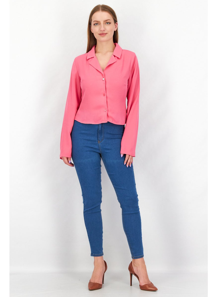 Women Spread Collar Long Sleeve Chiffon Shirt, Pink