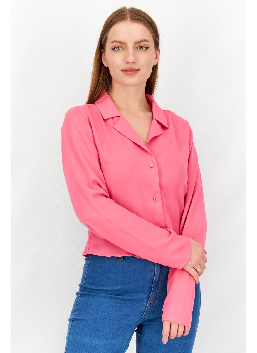 Women Spread Collar Long Sleeve Chiffon Shirt, Pink