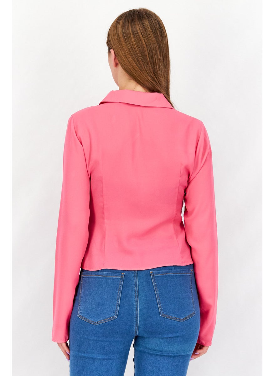 Women Spread Collar Long Sleeve Chiffon Shirt, Pink