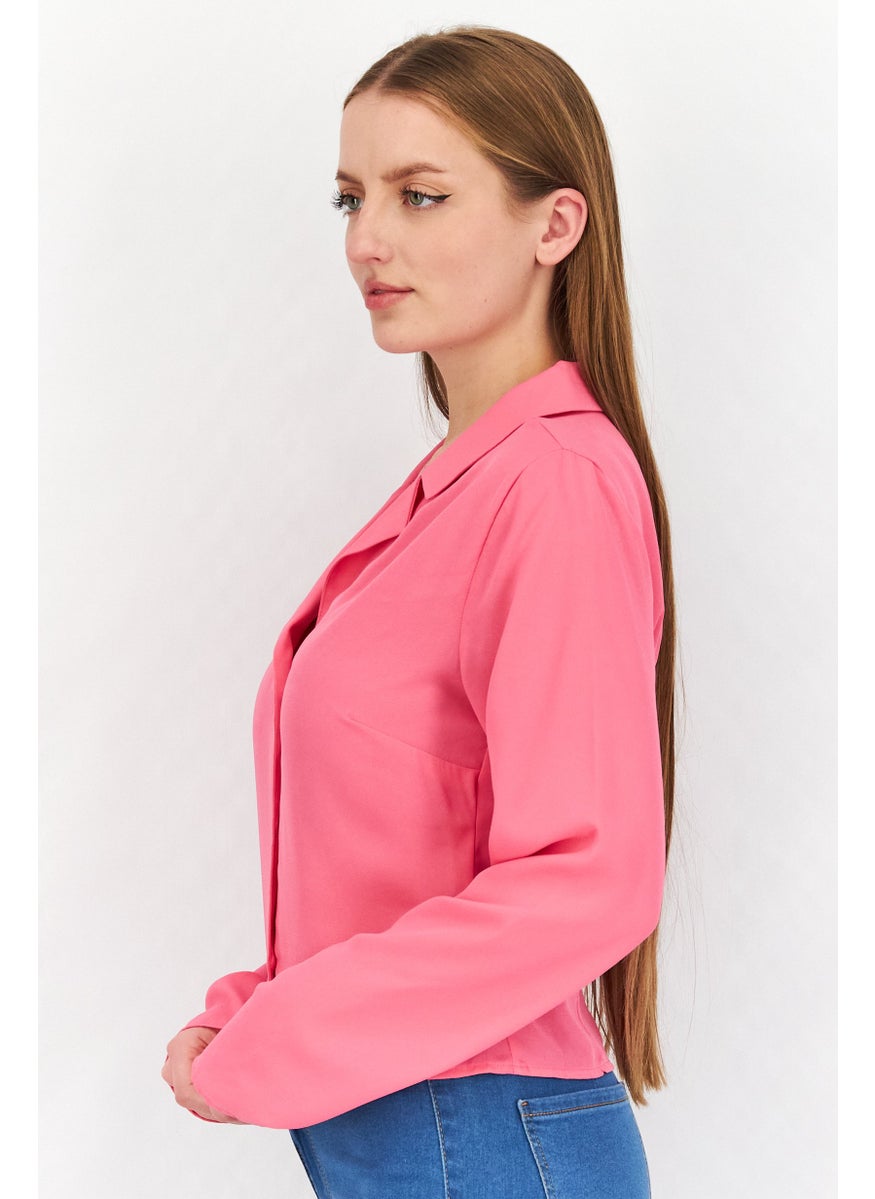 Women Spread Collar Long Sleeve Chiffon Shirt, Pink