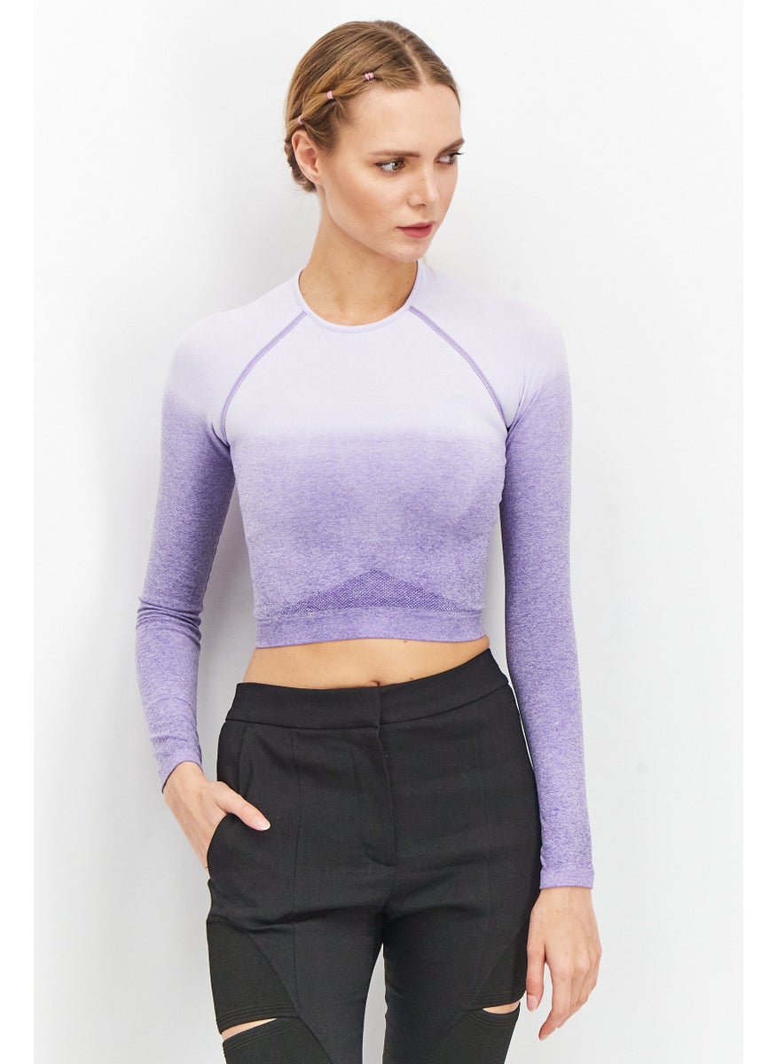 Women Crew Neck Long Sleeve Heather Crop Top, Gradient Lavender