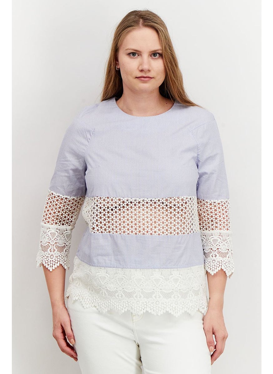 Women Round Neck Long Sleeve Microdot Top, Blue and White