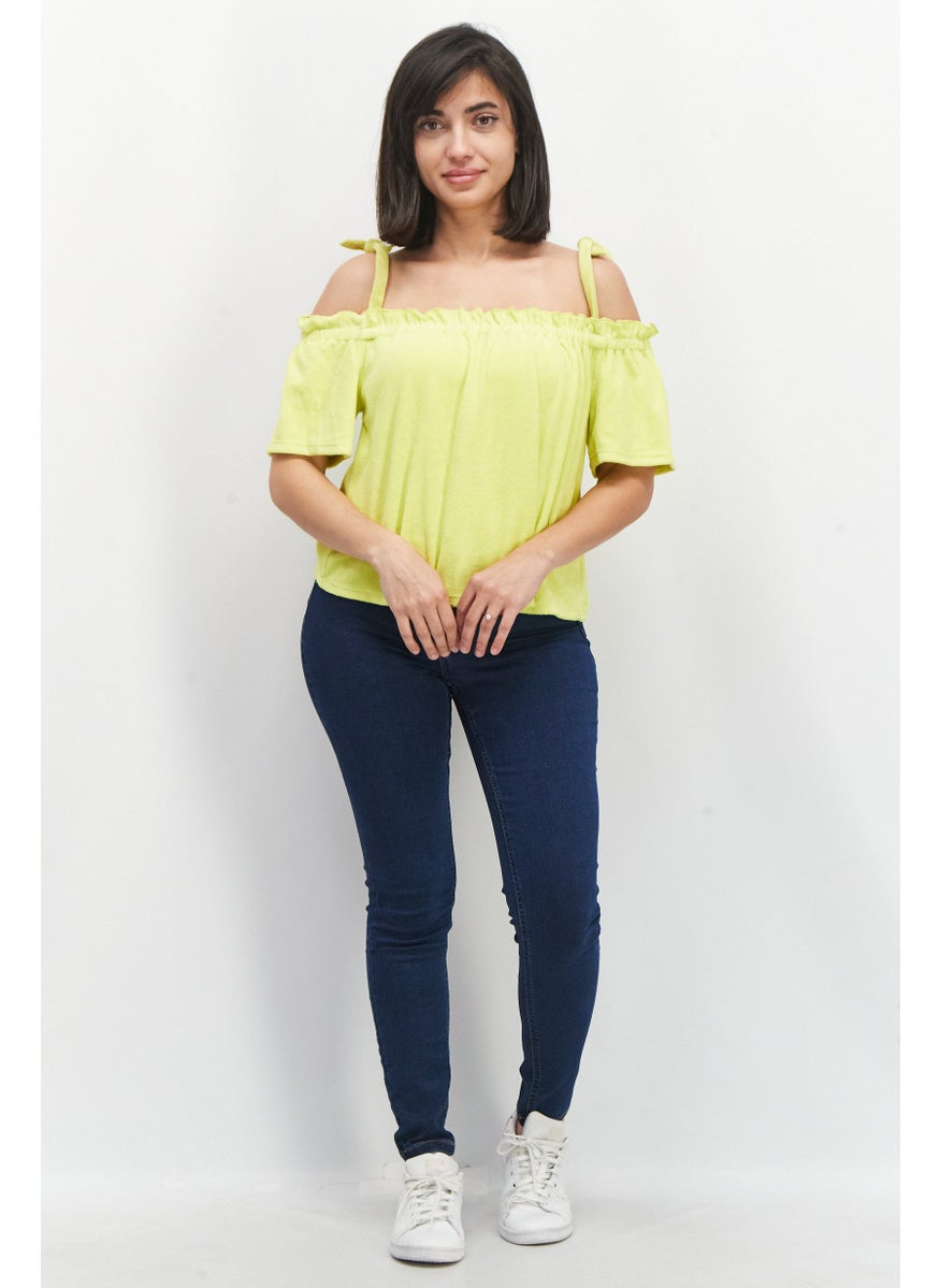 Women Square Neck Cold Shoulder Sleeve Textured Top, Lime