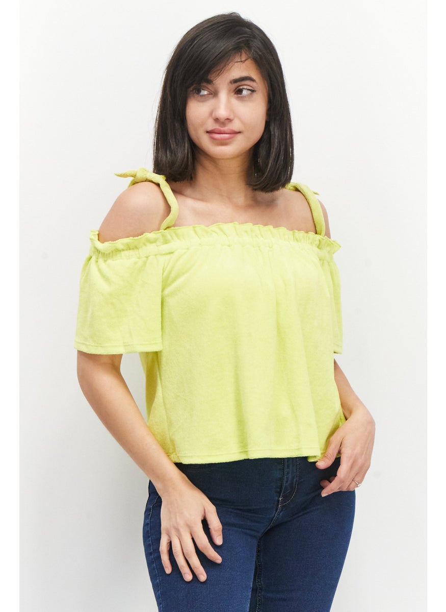 Women Square Neck Cold Shoulder Sleeve Textured Top, Lime