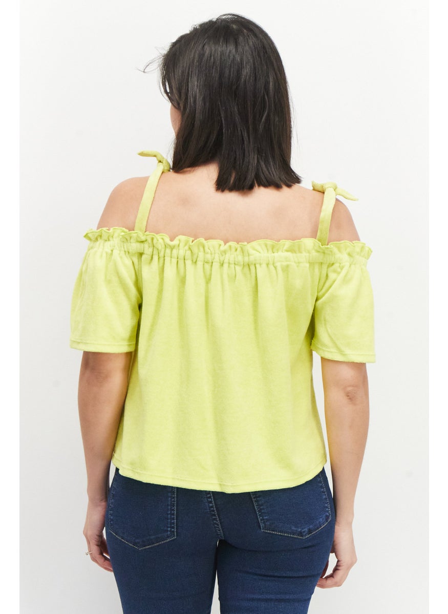 Women Square Neck Cold Shoulder Sleeve Textured Top, Lime