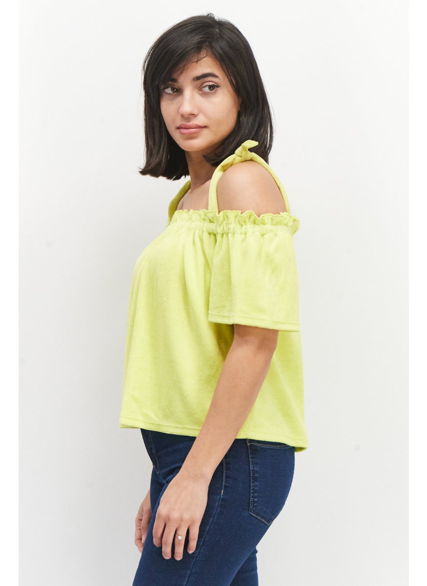 Women Square Neck Cold Shoulder Sleeve Textured Top, Lime