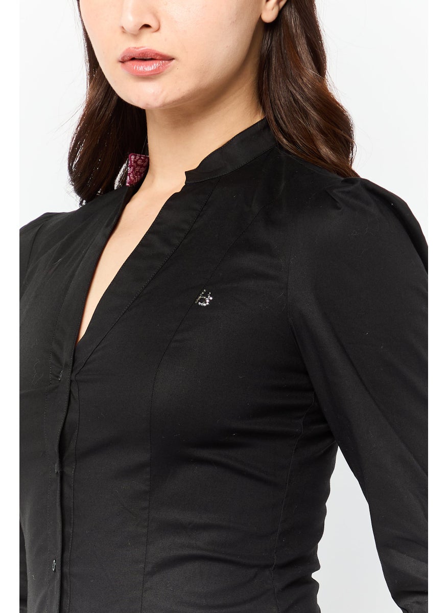 Women V-Neck Long Sleeve Solid Shirt, Black
