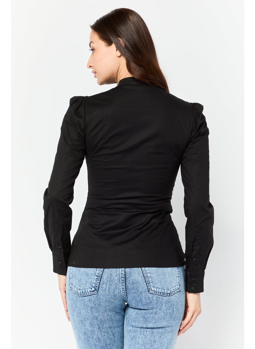 Women V-Neck Long Sleeve Solid Shirt, Black