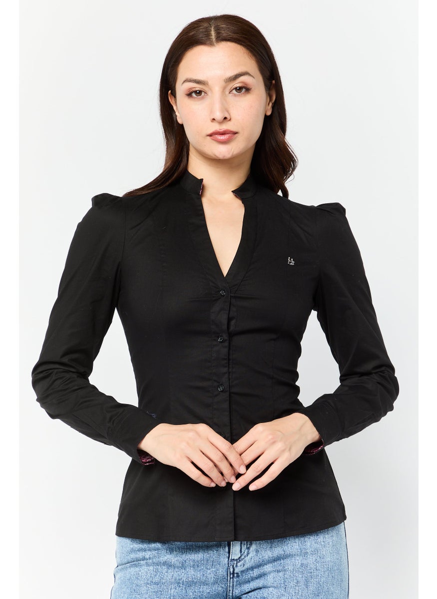 Women V-Neck Long Sleeve Solid Shirt, Black