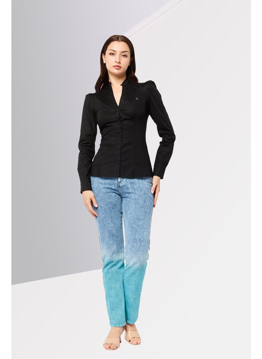 Women V-Neck Long Sleeve Solid Shirt, Black