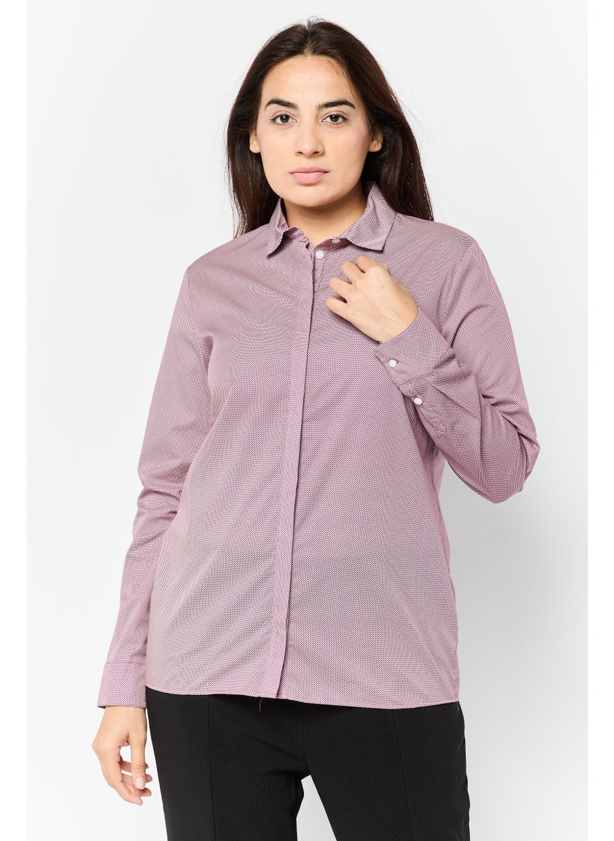 Women Spread Collar Micro Checkered Shirt, Wine