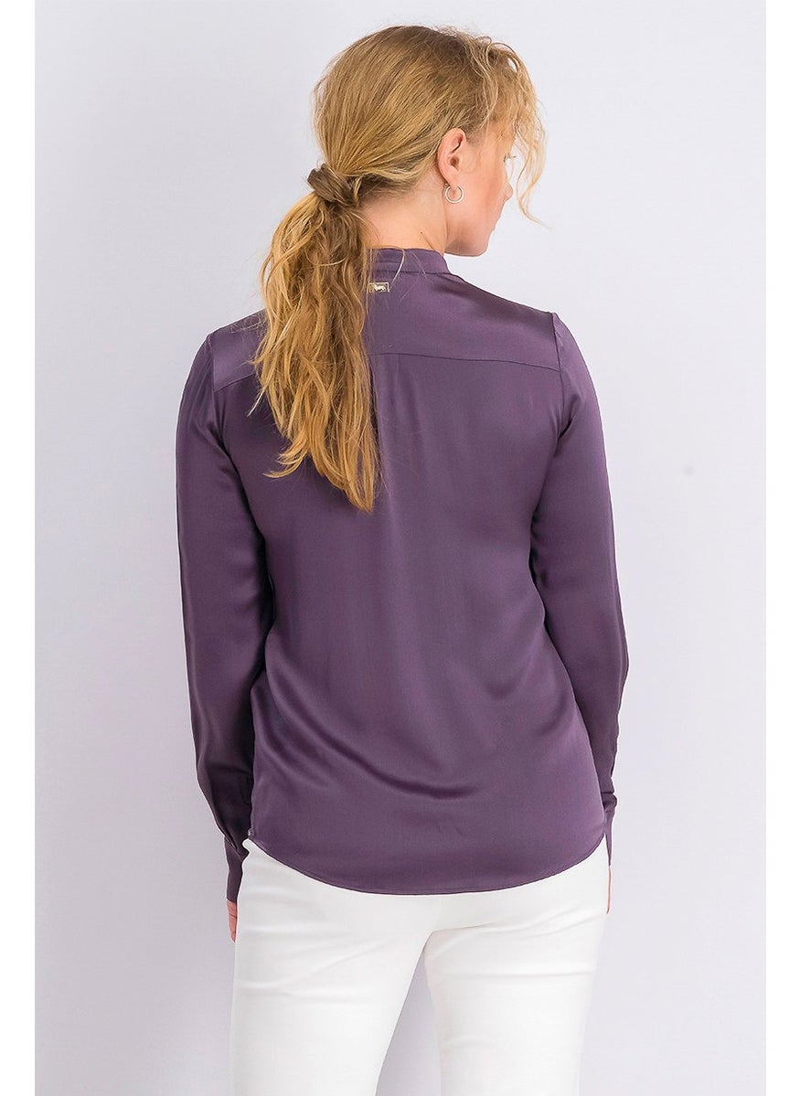 Women Long Sleeves Band,Collar Top, Purple