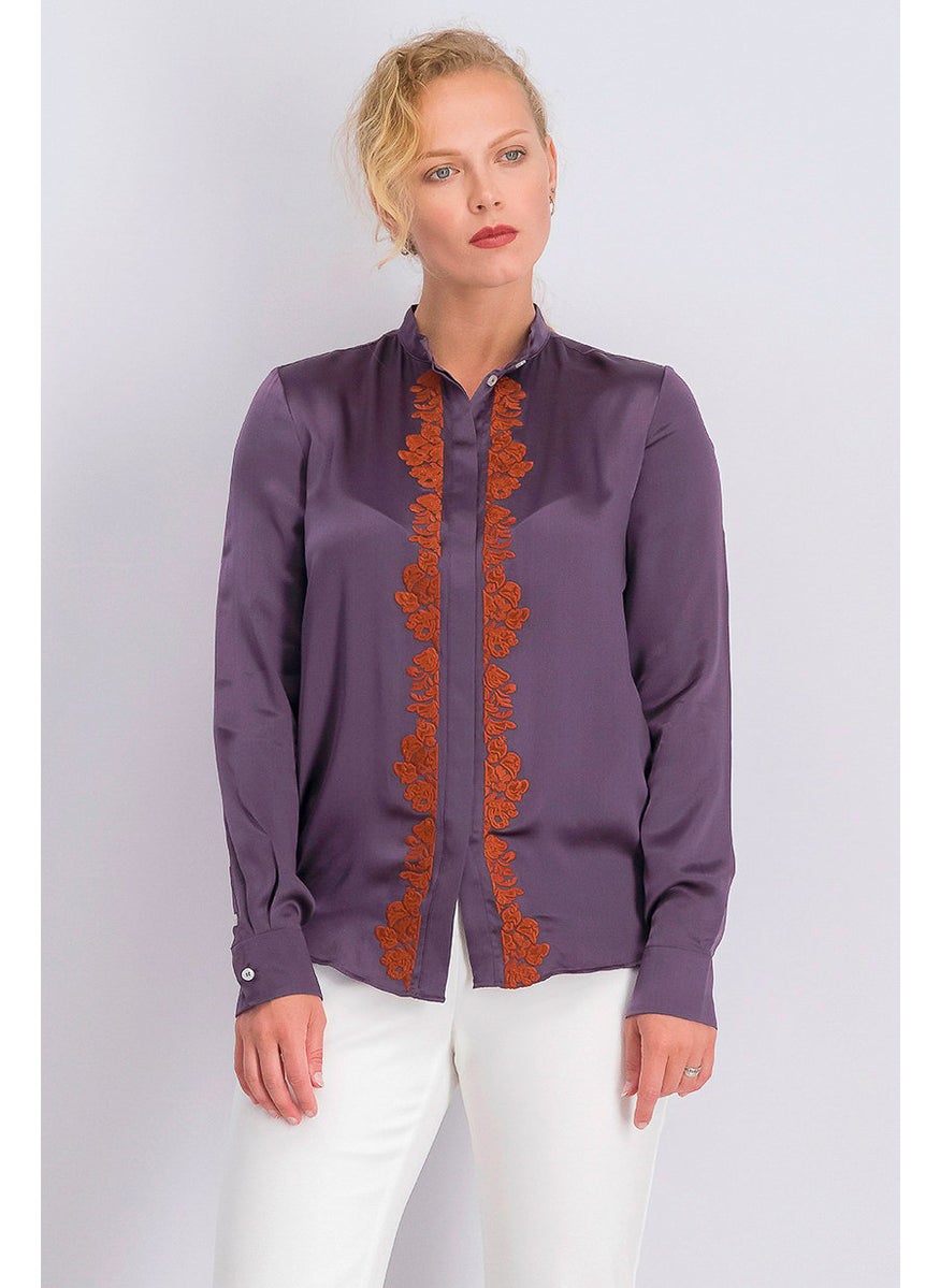 Women Long Sleeves Band,Collar Top, Purple