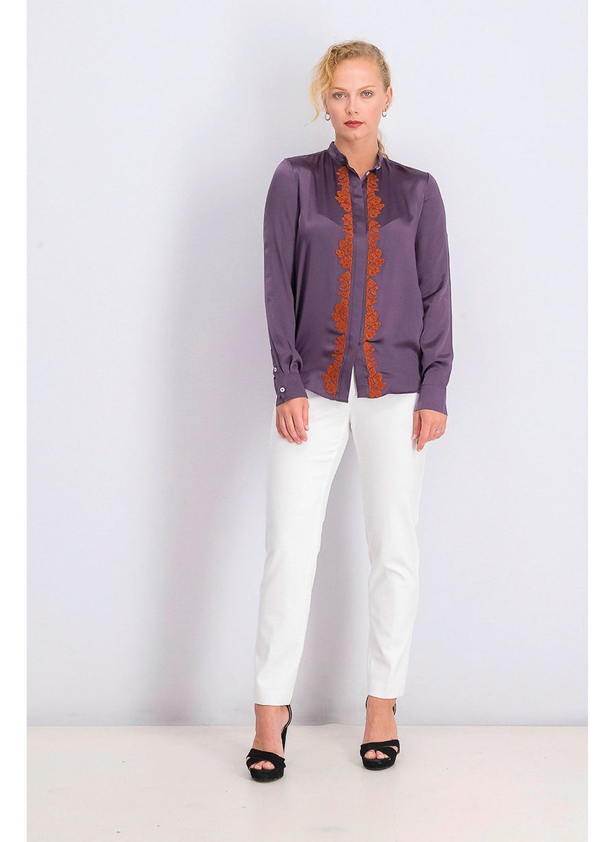 Women Long Sleeves Band,Collar Top, Purple