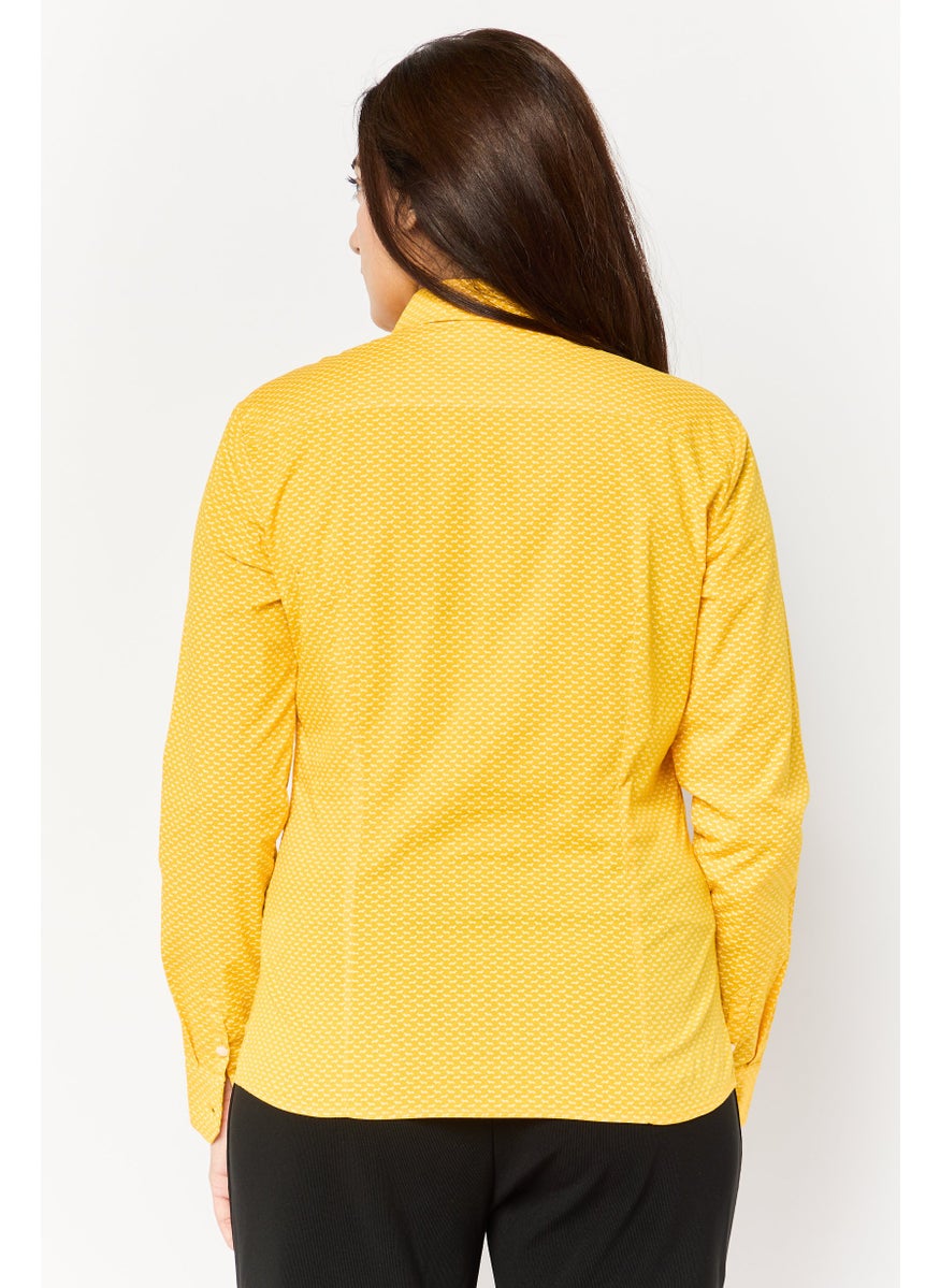 Women Pointed Collar Long Sleeve Allover Print Shirts, Dark Yellow