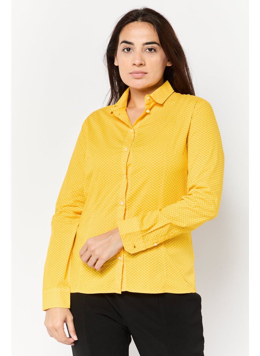 Women Pointed Collar Long Sleeve Allover Print Shirts, Dark Yellow