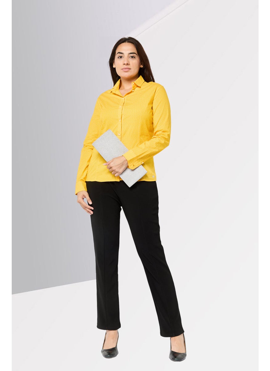 Women Pointed Collar Long Sleeve Allover Print Shirts, Dark Yellow