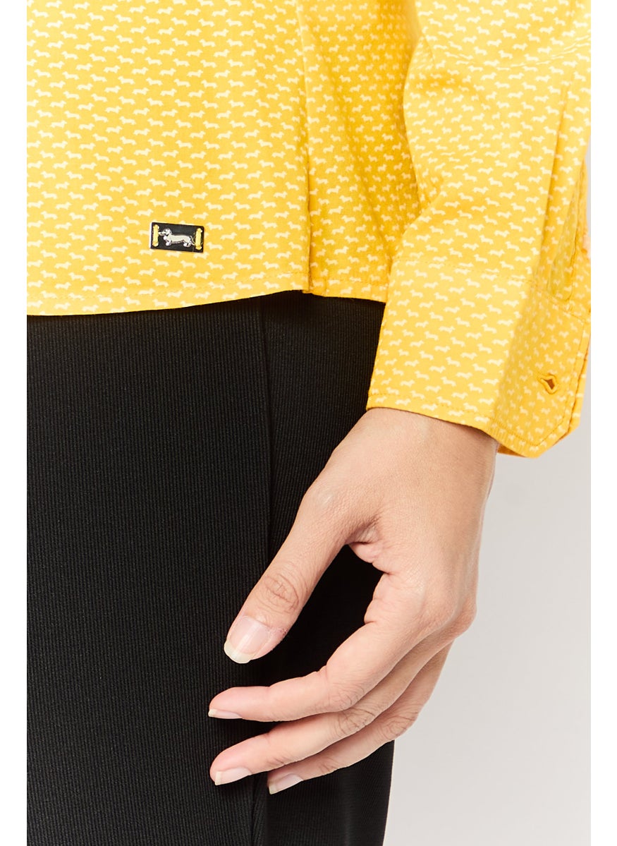 Women Pointed Collar Long Sleeve Allover Print Shirts, Dark Yellow