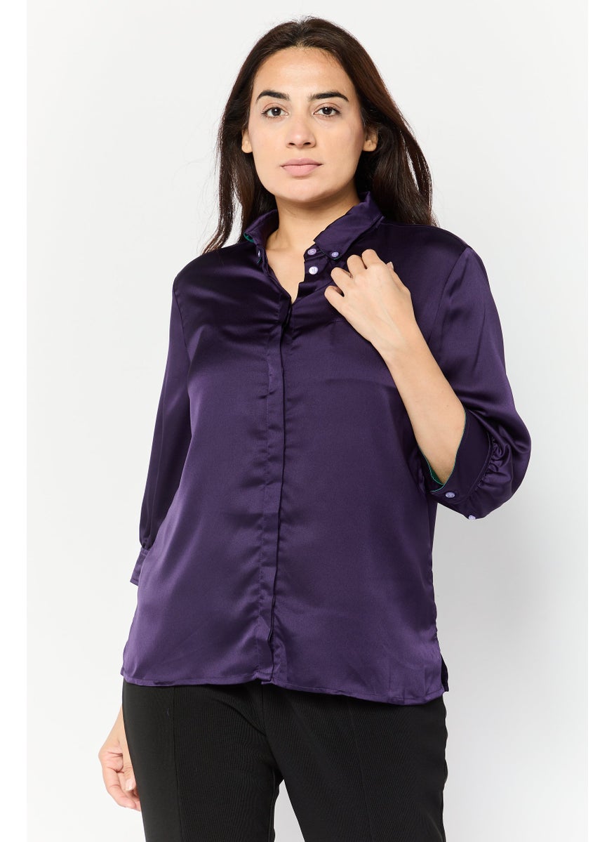 Women Button Down Collar 3/4 Sleeves Plain Blouse, Dark Purple