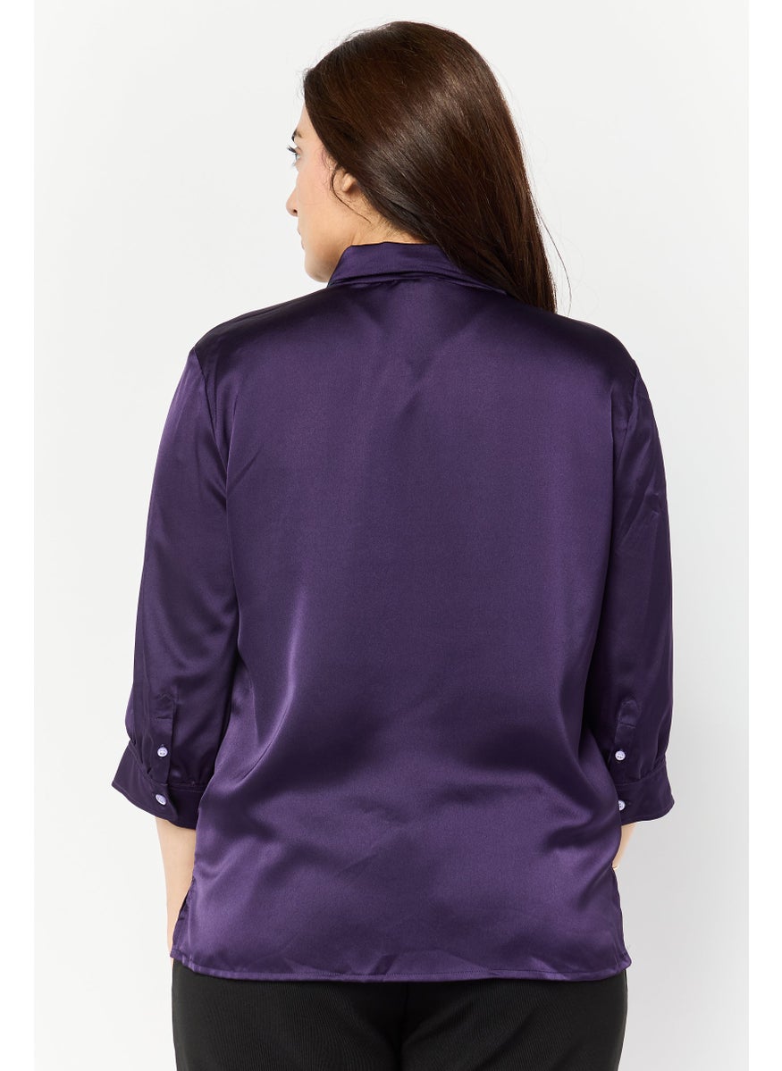 Women Button Down Collar 3/4 Sleeves Plain Blouse, Dark Purple