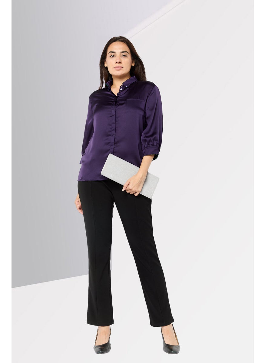 Women Button Down Collar 3/4 Sleeves Plain Blouse, Dark Purple