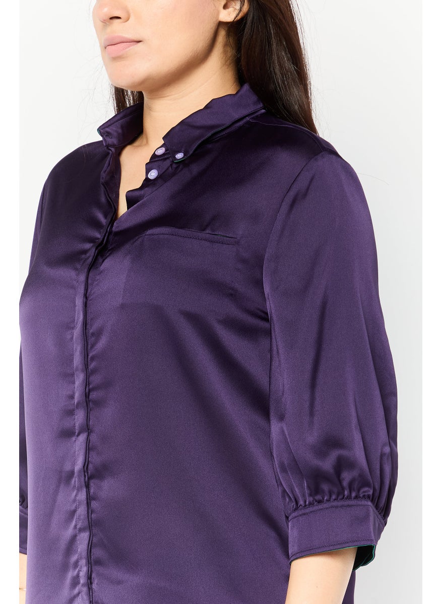 Women Button Down Collar 3/4 Sleeves Plain Blouse, Dark Purple
