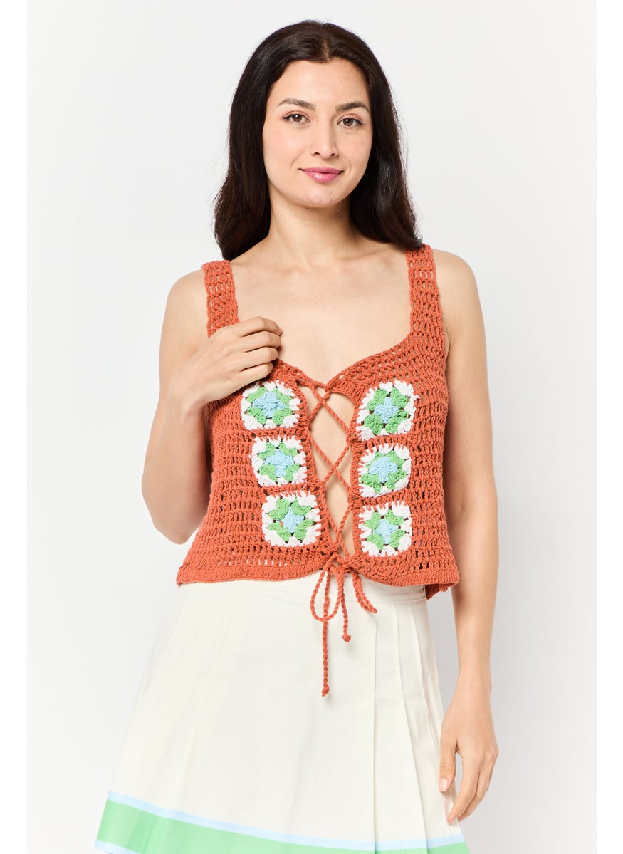 Women Square Neck Sleeveless Crochet Tank Top, Brown