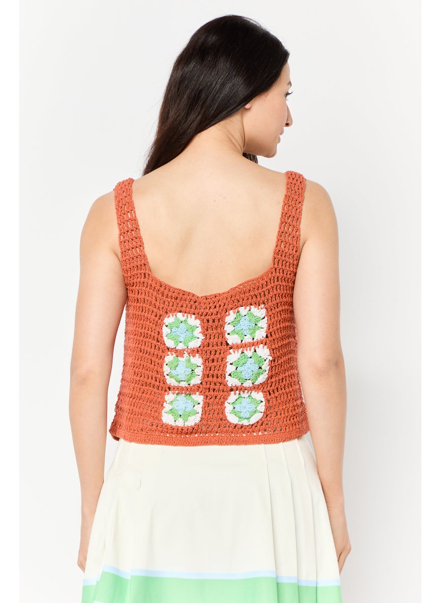 Women Square Neck Sleeveless Crochet Tank Top, Brown