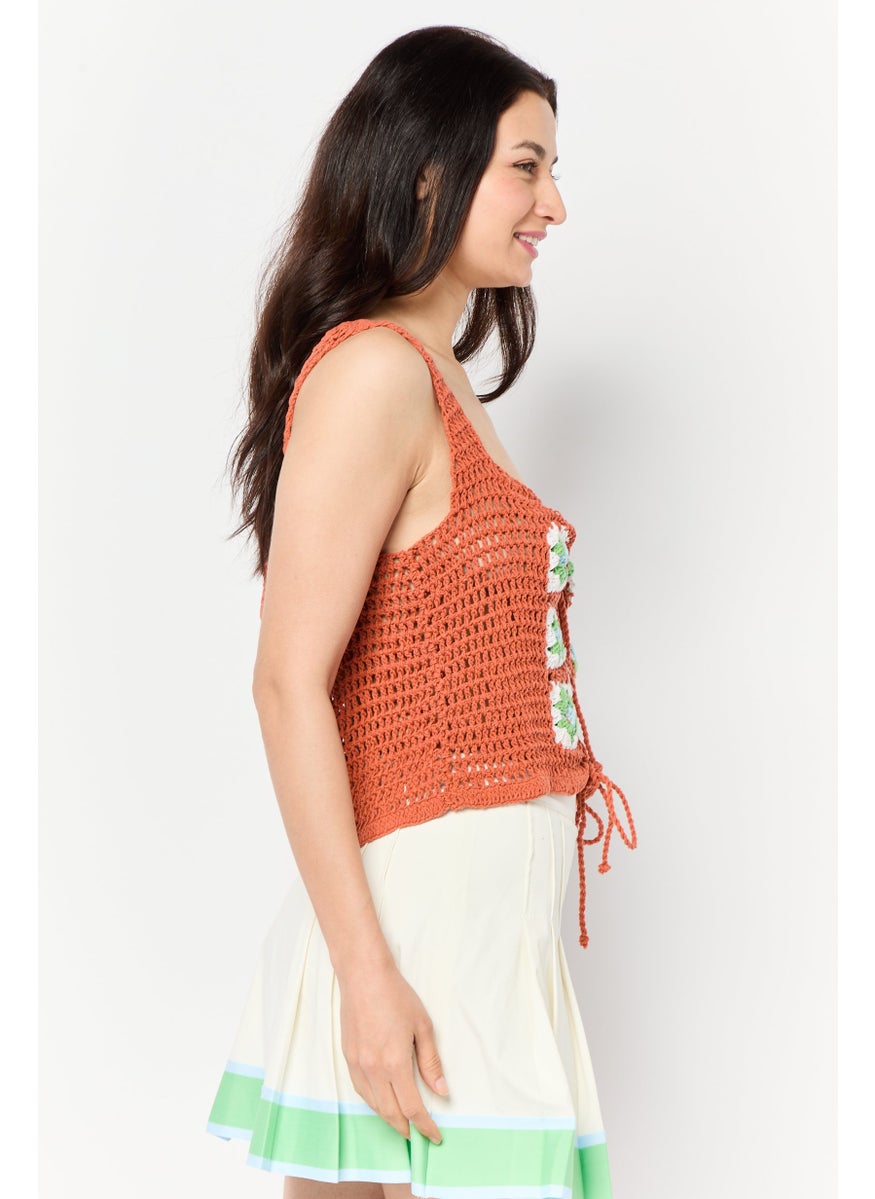 Women Square Neck Sleeveless Crochet Tank Top, Brown
