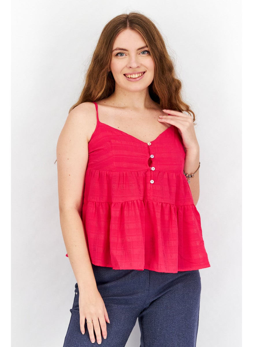 Women V-Neck Sleeveless Textured Cami Top, Pink