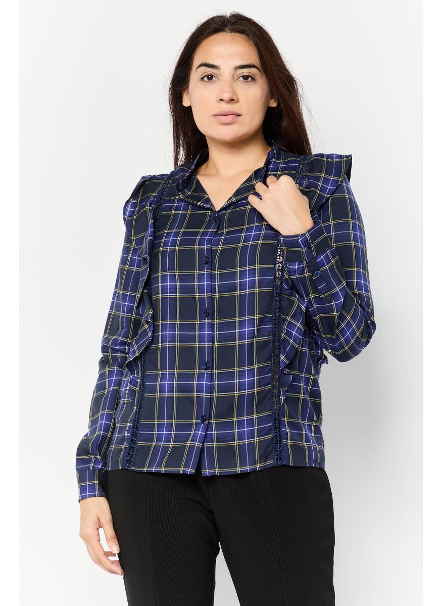 Women Crew Neck Plaid Shirt, Dark Blue