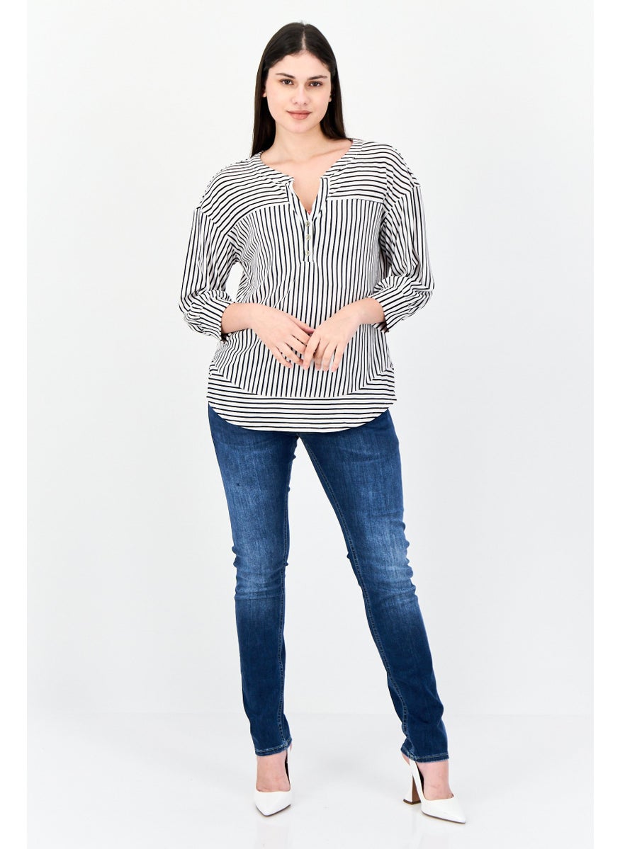 Women Split Neck 3/4 Sleeve Stripe Blouse, Multicolor
