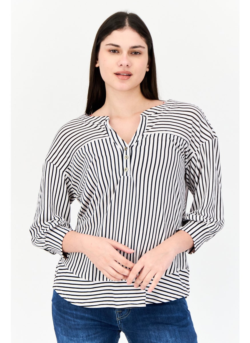 Women Split Neck 3/4 Sleeve Stripe Blouse, Multicolor