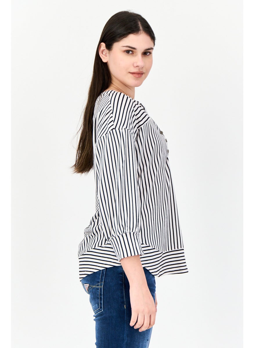Women Split Neck 3/4 Sleeve Stripe Blouse, Multicolor