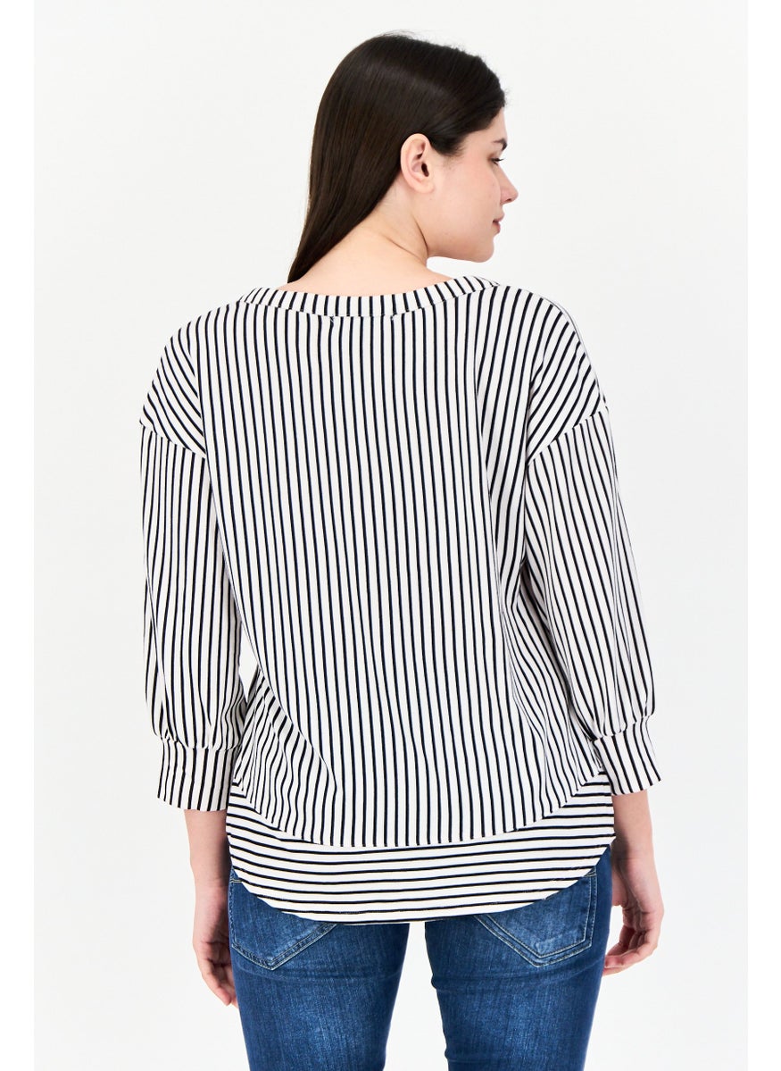 Women Split Neck 3/4 Sleeve Stripe Blouse, Multicolor