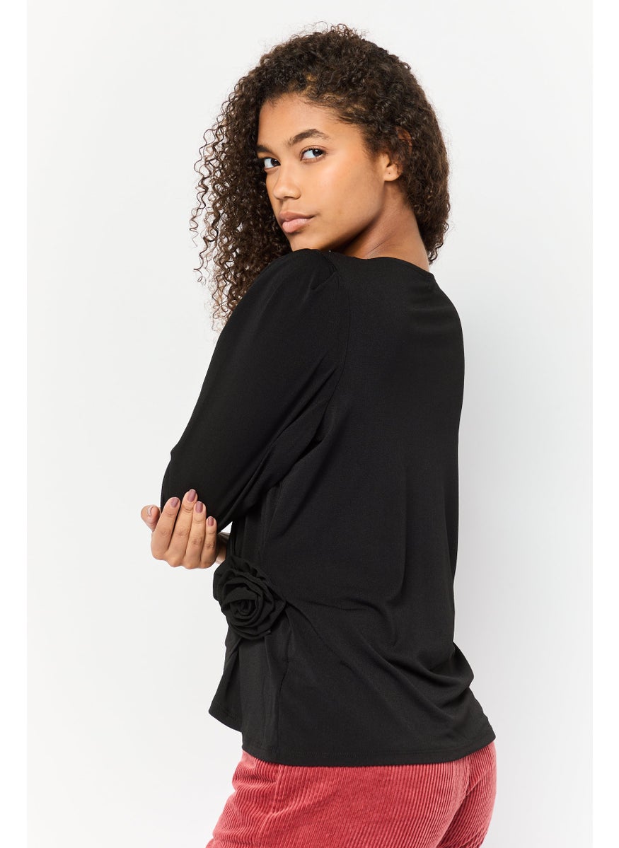 Women V Neck Plain Top, Black