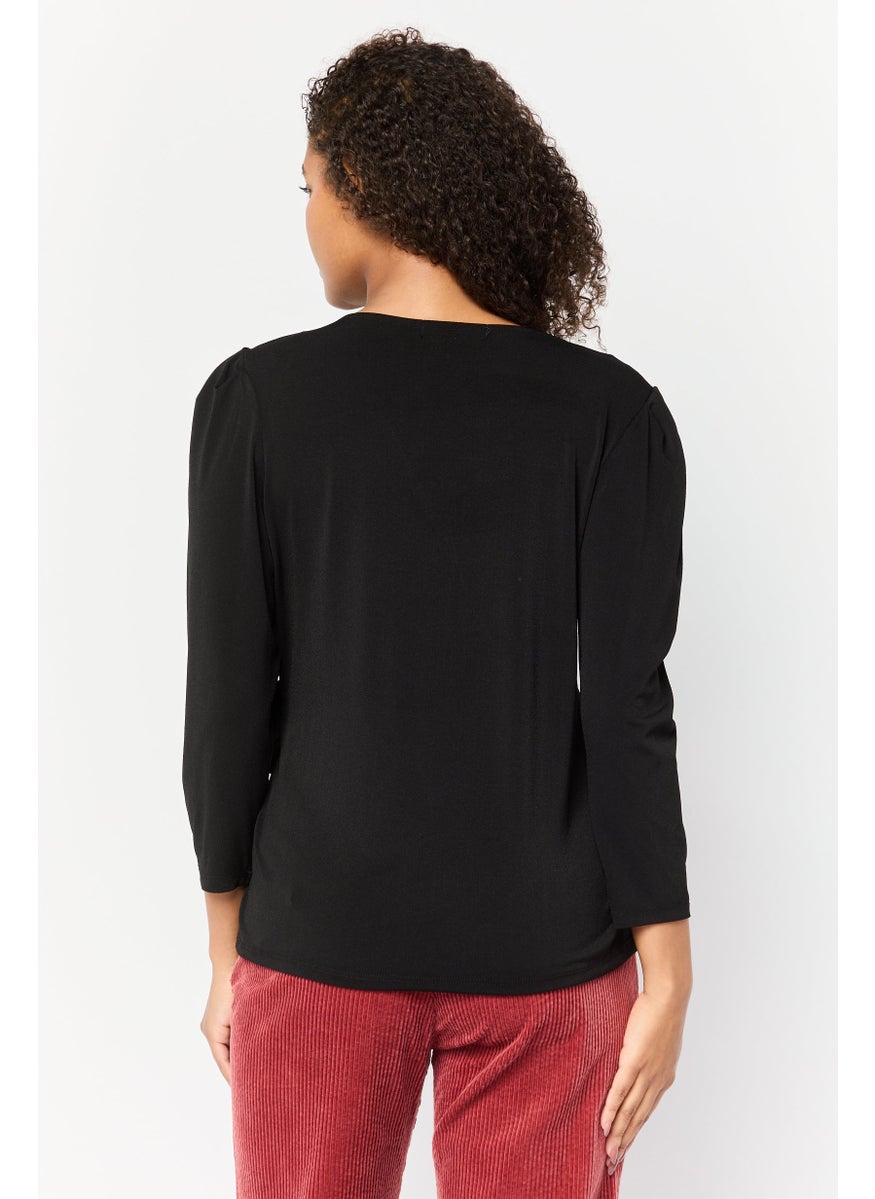 Women V Neck Plain Top, Black