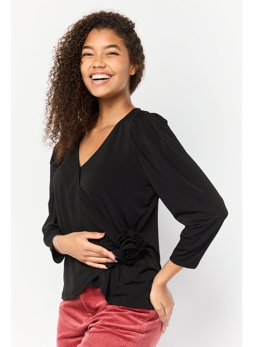 Women V Neck Plain Top, Black