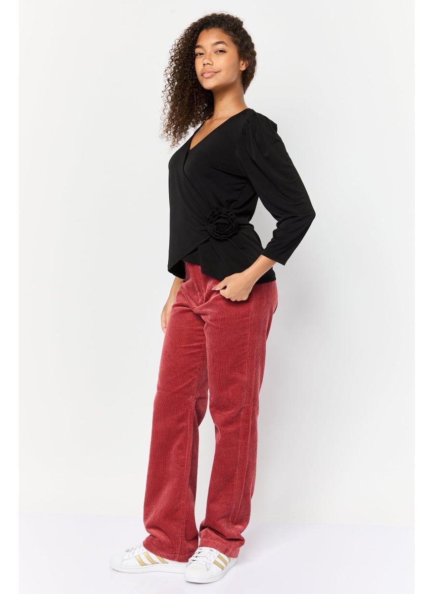 Women V Neck Plain Top, Black